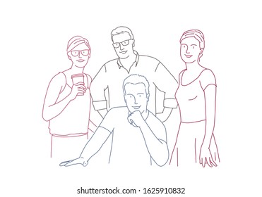 Team of four business people, two women, two men. Line drawing vector illustration.