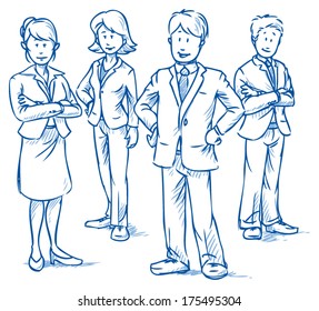 Team of four business people, two women and two men, standing and smiling, hand drawn vector illustration