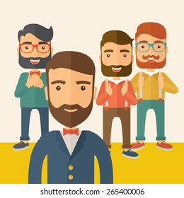 Team of four happy hipster Caucasian business people with beard, standing clapping their hands and smiling. Winner, teamwork concept. A contemporary style with pastel palette, beige tinted background