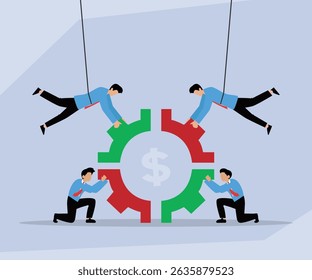 equipe de quatro indivíduos colabora em torno de uma grande engrenagem com um sinal de dólar em seu centro, simbolizando trabalho em equipe, esforço e estratégia para impulsionar o sucesso financeiro e o crescimento dos negócios