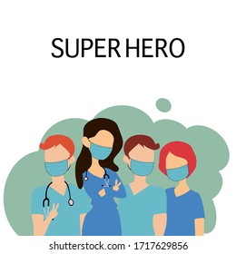 A team of four medical personnel put a stethoscope on their neck, the hand with two fingers to wear a mask. Vector isolate images, ideas for coping with coronavirus disease (COVID-19).