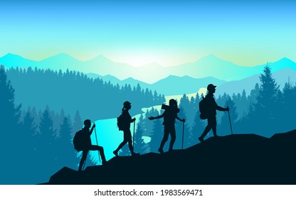 A team of friends climbs the mountains. Teamwork. Vector polygonal landscape illustration, Minimalist flat design. Travel concept of discovering, exploring, observing nature. Adventure tourism. Hiking