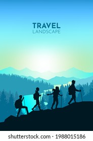 A team of friends climbs the mountains. Teamwork. Vector polygonal landscape illustration, Minimalist flat design. Travel concept of discovering, exploring, observing nature. Adventure tourism. Hiking