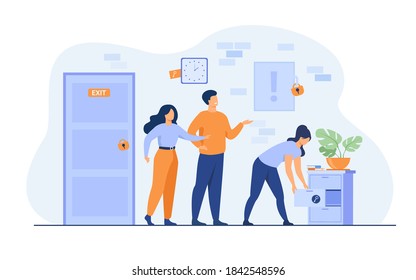 Team of friends looking for key, searching treasure or exit from quest room with locks. Vector illustration for teamwork, play, adventure, activity, entertainment concept