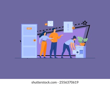 Team of friends looking for key, searching treasure or exit from quest room with locks. Vector illustration for teamwork, play, adventure, activity, entertainment concept