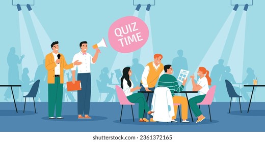 Team of friends playing quiz game answering questions together flat vector illustration