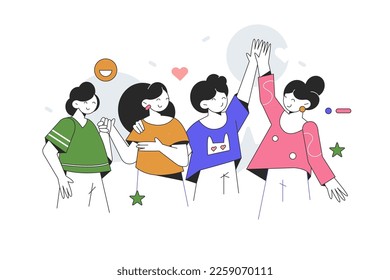 Team of friends, woman friends vector illustration. Girls standing, giving five and posing together. Teamwork, togetherness and friendship concept