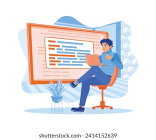 A team of front-end developers is brainstorming UI and UX designs on a laptop computer screen. They work in modern offices. APP devs concept. Flat vector illustration. 