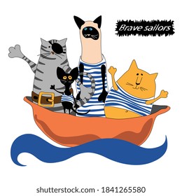 Team of funny cats sailors in striped frocks sail on a bowl on the sea. Cartoon style. Vector illistration.