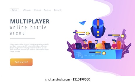 Team of gamers controlling game characrers in online battle. Multiplayer online battle arena, MOBA ARTS game, action real-time strategy concept. Website vibrant violet landing web page template.