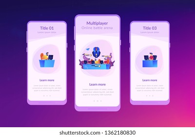 Team von Gamern, die Spielcharaktere im Online-Kampf kontrollieren. Multiplayer Online-Schlachtarena, MOBA ARTS Spiel, Action Echtzeit-Strategie-Konzept. Benutzeroberflächen-UX-Vorlage für mobile Benutzeroberfläche, Wireframe für App