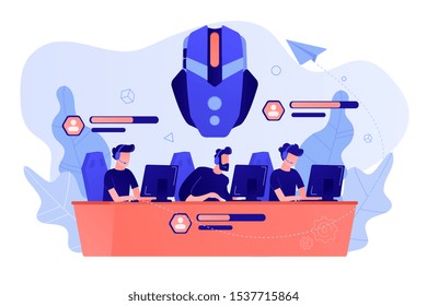 Team of gamers controlling game characrers in online battle. Multiplayer online battle arena, MOBA ARTS game, action real-time strategy concept. Pinkish coral bluevector isolated illustration