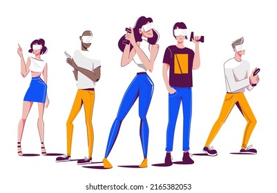 Team of gamers in virtual reality glasses and with joysticks manipulators. Vector illustration in cartoon style isolated on white background