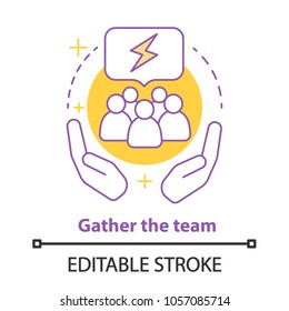 Team gathering concept icon. Teamwork idea thin line illustration. Cupped hands with people inside. Vector isolated outline drawing. Editable stroke