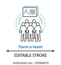Team gathering concept icon. Teamwork idea thin line illustration. Recruitment. Vector isolated outline drawing. Editable stroke