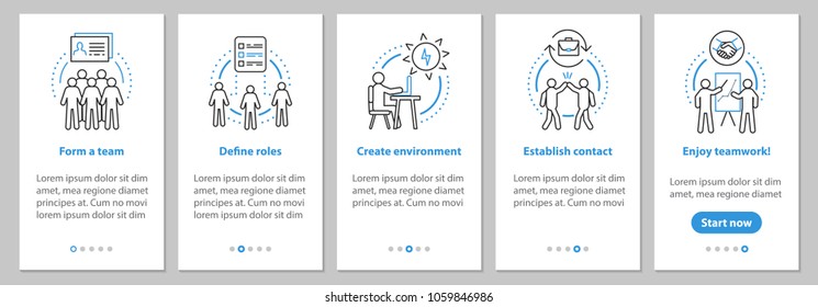 Team gathering onboarding mobile app page screen with linear concepts. Teamwork, coworking graphic instructions. UX, UI, GUI vector template with illustrations