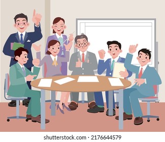 The team gathers together for an enthusiastic meeting.vector illustration