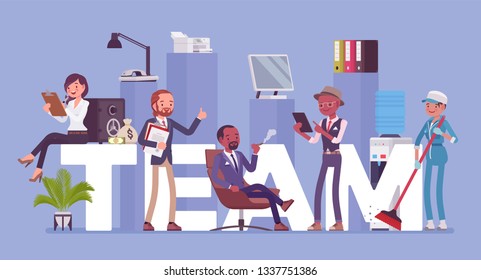 Team giant letters and different people. Group of diverse men working together to achieve a common goal, friendship and collaboration to complete a task, job, or business project. Vector illustration