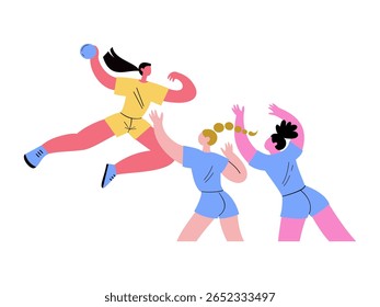 Equipe de meninas defendendo o gol da bola da outra equipe. Ilustração desenhada à mão do vetor do jogo de handebol.