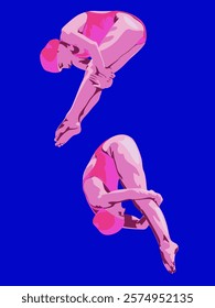 Team of girls jumping from a springboard. Synchronized diving from a springboard. Vector illustration.