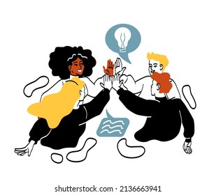 Team give five. Employees discuss idea, brainstorming. Colleagues celebrate success, good atmosphere. Leaders, coworking and work on one project. Unity and equality. Cartoon flat vector illustration