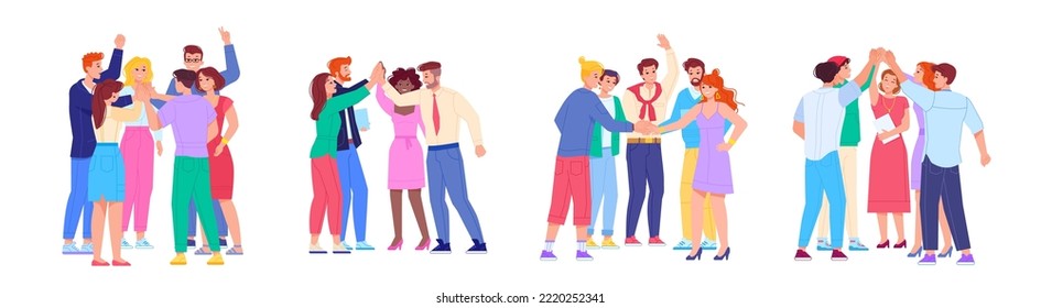 Team giving five. Positive friends employees celebration achievement, informal greeting people unity student group together success pass university exam, swanky vector illustration