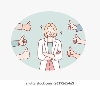 Team Giving Thumbs Up for Achievement. Hand drawn style vector design illustrations.