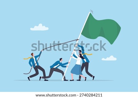 Team goal, success flag or challenge, leadership or teamwork to help success together, career succeed achievement, motivation or support team victory, business people colleagues help put winning flag.