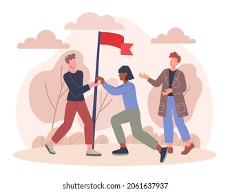Team goals concept. People setting flag. Defining tasks. Teamwork, collaboration, achievement. Unity, workflow, company, business. Cartoon flat vector illustration isolated on white background