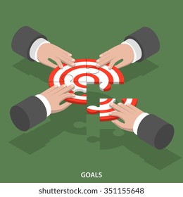 Team goals isometric flat vector concept. Four hands compose a target sign from puzzle parts.