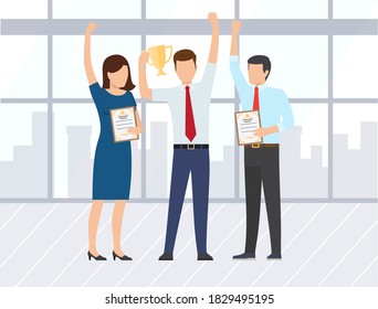 Team with gold trophy cup and certificates, success and teamwork vector. Office room, men and woman, cooperation and project or startup, business