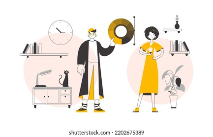 Team of graphic designers. Linear style. Vector.