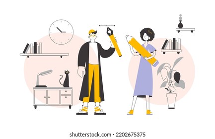 Team of graphic designers. Modern linear style. Vector.