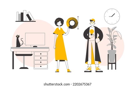 Team of graphic designers. Trendy linear style. Vector illustration.