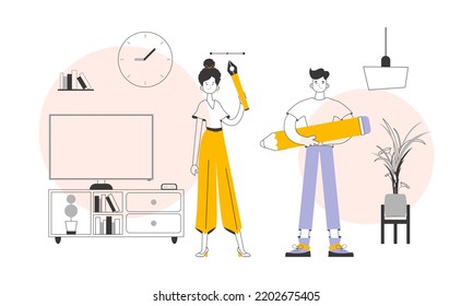 Team of graphic designers. Trendy linear style. Vector illustration.