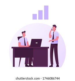Team Group of Creative Businessmen Characters Sit at Office Desk with Pc Working in Studio or Coworking Area. Office Employees, Business People Work in Company, Teamwork. Cartoon Vector Illustration