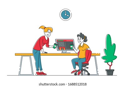 Team Group of Creative Women Characters Sitting at Office Desk with Pc Working in Studio or Coworking Area. Office Employees Business People Work in Company, Teamwork. Linear Vector Illustration