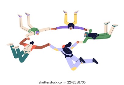 Team, group of friends parachuting together. Sky divers skydiving, jumping down, holding hands, floating. Skydivers flying, free fall. Flat graphic vector illustration isolated on white background
