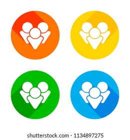 Team group icon. Flat white icon on colored circles background. Four different long shadows in each corners