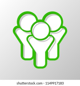 Team group icon. Paper style. Cut symbol with green bold contour on shape and simple shadow