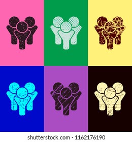 Team group icon. Pop art style. Scratched icons on 6 colour backgrounds. 