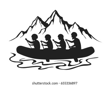 Team , group of people, man and woman whitewater rafting silhouette vector illustration