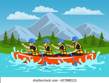 Team , group of people, man and woman whitewater rafting on river. cartoon mountain forest landscape on background 