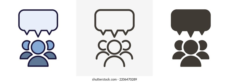 Team group of people speaking and debating with a speech bubble. Vector icon design illustration in 3 different styles. Filled outline with colors, thin line, flat svg