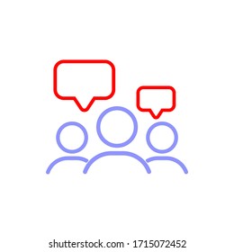 Team group of people speaking icon line or speech bubbles under a group of people on an isolated white background. EPS 10 vector