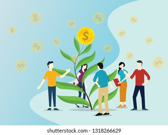 team growing investment with tree leaf with gold coin money growth - vector illustration