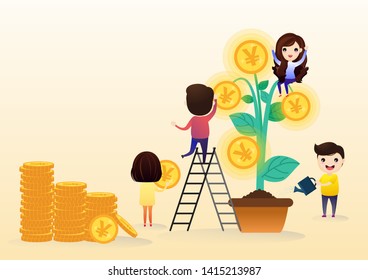 Team growing investment with tree leaf with gold coin money growth. Vector, illustration.