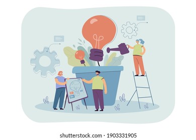 Team growing lightbulb plant. Business people creating ideas for climate change, environment, electricity. Flat vector illustration ecology, future, conservation teamwork concept