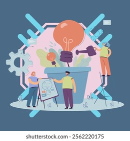 Team growing lightbulb plant. Business people creating ideas for climate change, environment, electricity. Flat vector illustration ecology, future, conservation teamwork concept