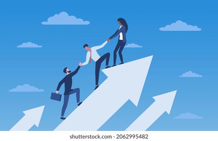 Team growth concept. Boss helps subordinates grow. Employees get better together, development of company. Friendly department, workflow. Teamwork, progress, up. Cartoon flat vector illustration